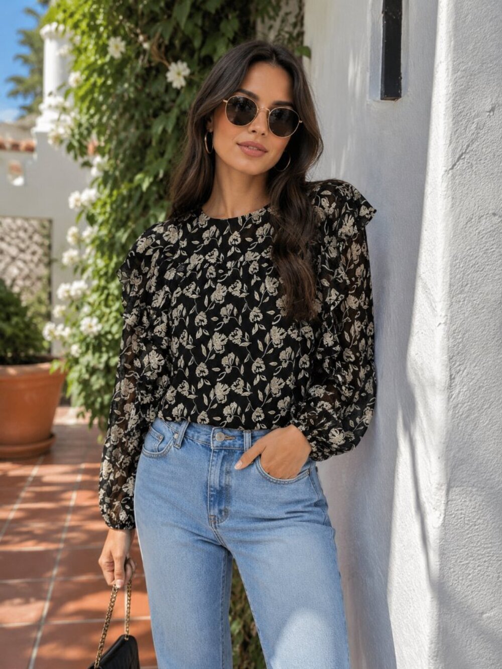 En Saison Finley Long Sleeve Chiffon Floral Blouse Top Small NWT
